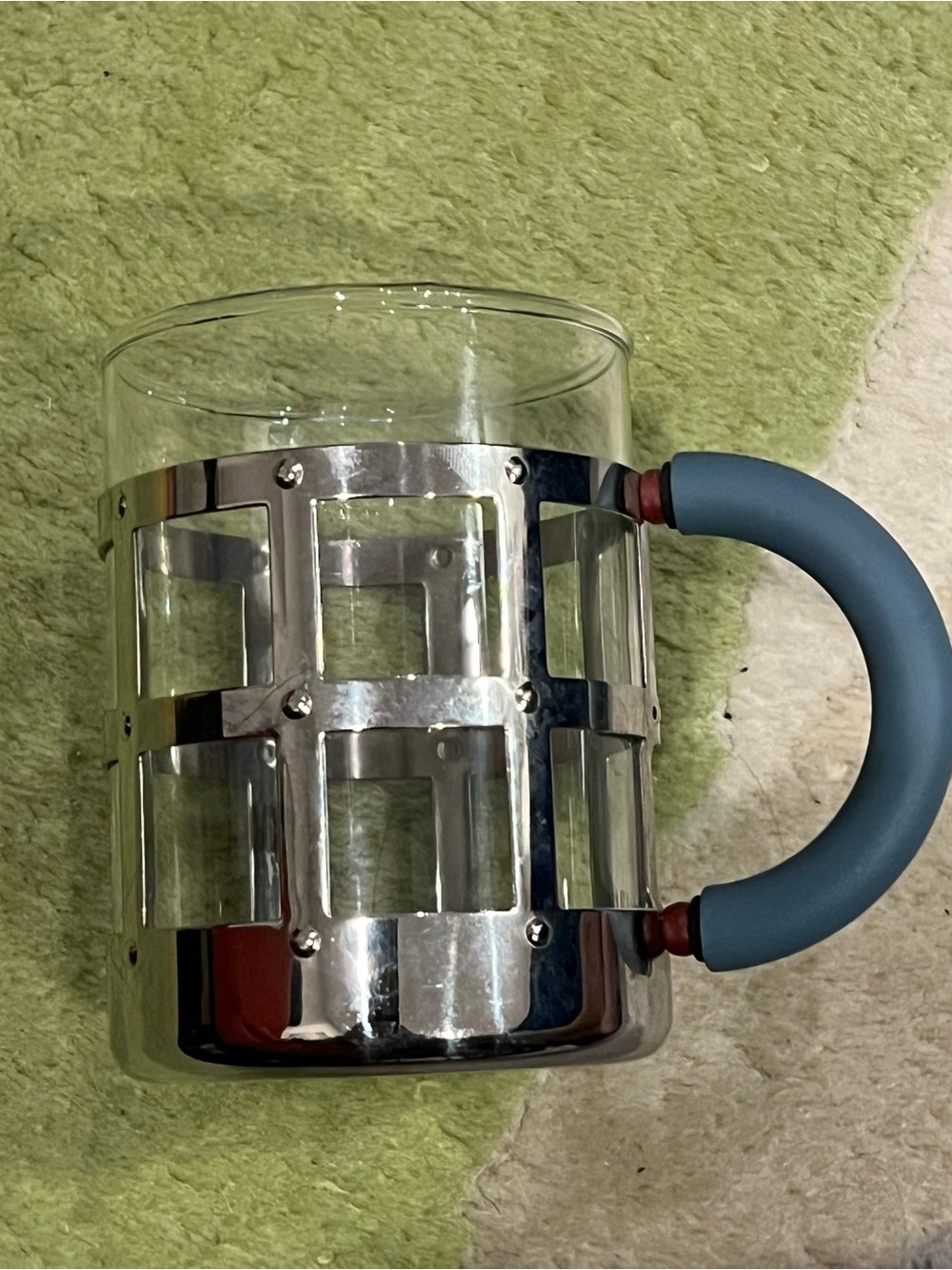 Alessi Italy MGMUG Michael Graves Stainless Steel Glass Mug Cup with Blue Handle